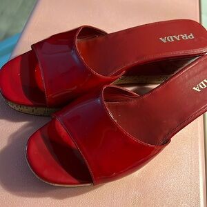 Beautiful red cork bottom Prada wedge shoes